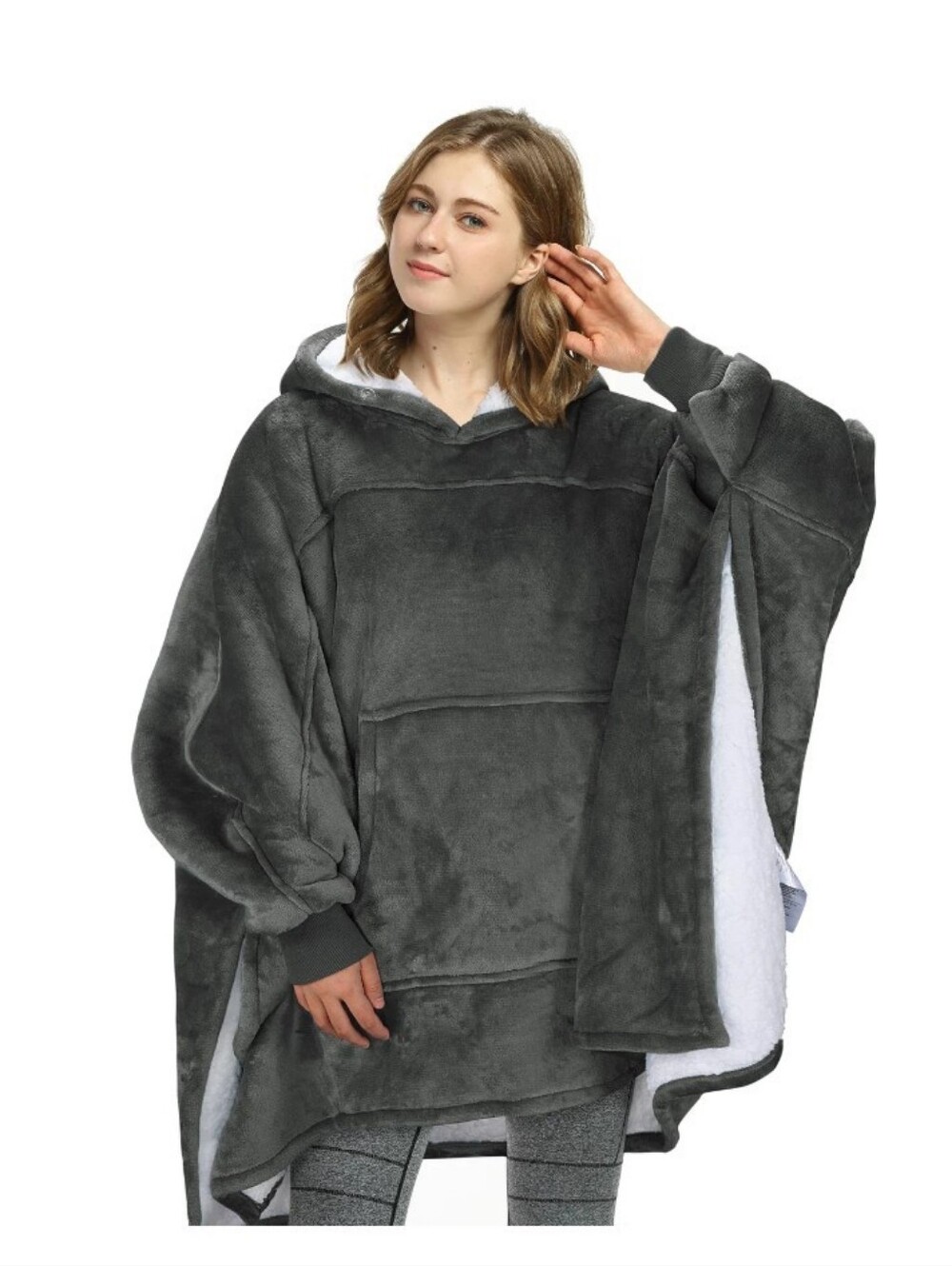 Catalonia Split Oversized Plush Hooded Poncho - Charcoal Gray